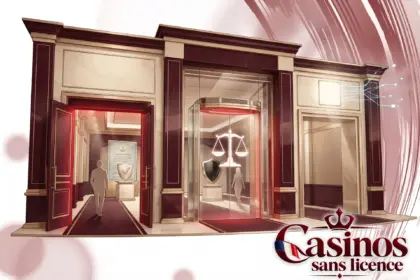 Différences entre les casinos sans licence et sans vérification, montrées par une façade néoclassique avec portes tournantes et balance de justice.