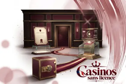 Bilan récapitulatif sur les casinos sans licence, illustré par un hall élégant menant à un coffre-fort, un certificat officiel et un tapis rouge.